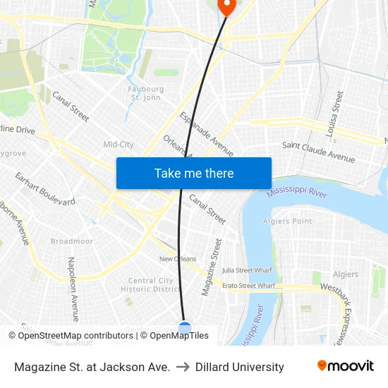 Magazine St. at Jackson Ave. to Dillard University map