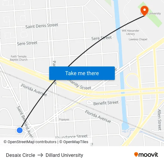 Desaix Circle to Dillard University map