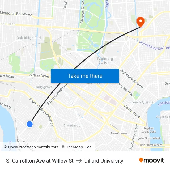 S. Carrollton Ave at Willow St to Dillard University map