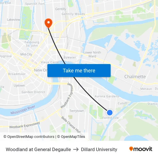 Woodland at General Degaulle to Dillard University map