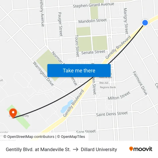 Gentilly Blvd. at Mandeville St. to Dillard University map