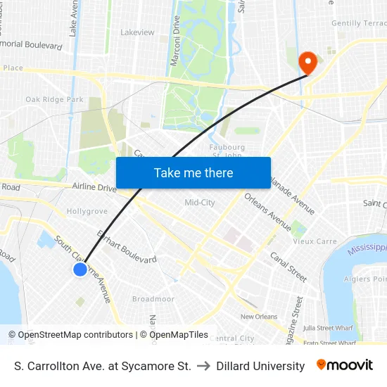 S. Carrollton Ave. at Sycamore St. to Dillard University map