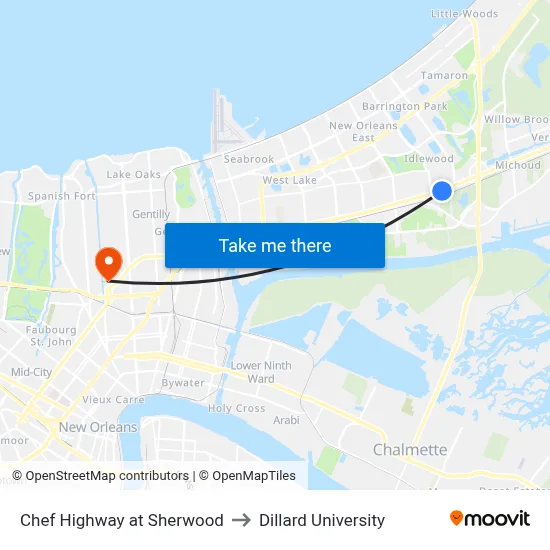 Chef Highway at Sherwood to Dillard University map