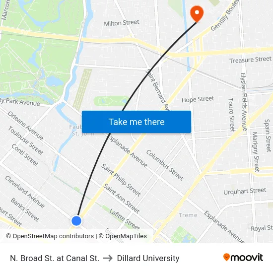 N. Broad St. at Canal St. to Dillard University map