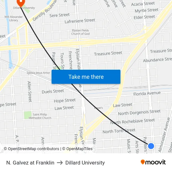 N. Galvez at Franklin to Dillard University map