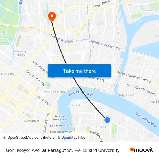 Gen. Meyer Ave. at Farragut St. to Dillard University map