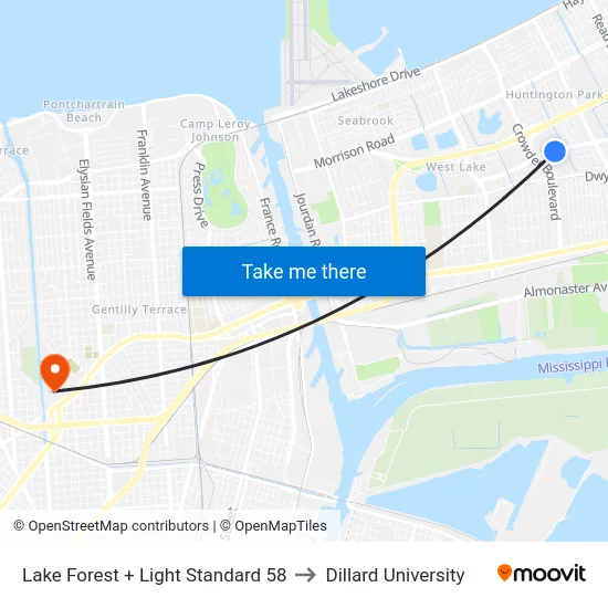 Lake Forest + Light Standard 58 to Dillard University map
