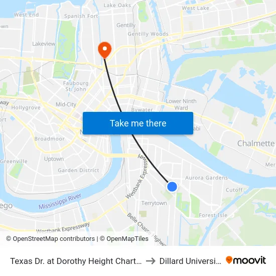 Texas Dr. at Dorothy Height Charter to Dillard University map