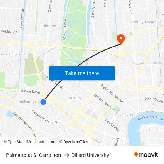 Palmetto at S. Carrollton to Dillard University map