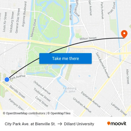 City Park Ave. at Bienville St. to Dillard University map