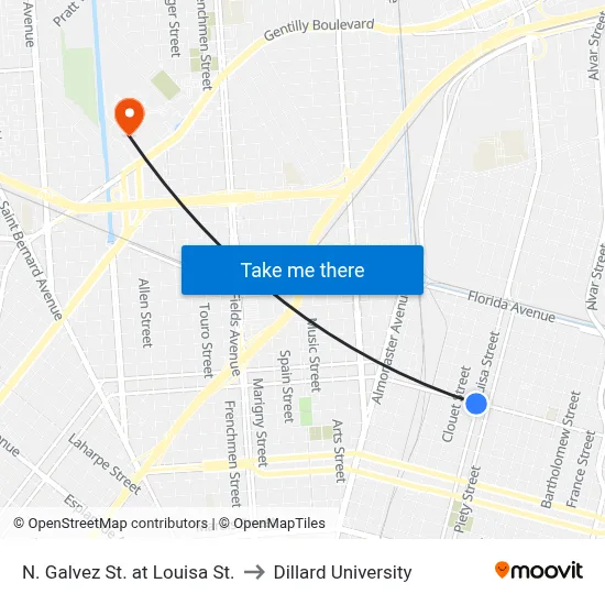 N. Galvez St. at Louisa St. to Dillard University map