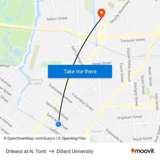 Orleans at N. Tonti to Dillard University map