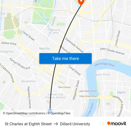 St Charles at Eighth Street to Dillard University map