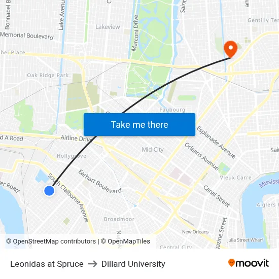 Leonidas at Spruce to Dillard University map