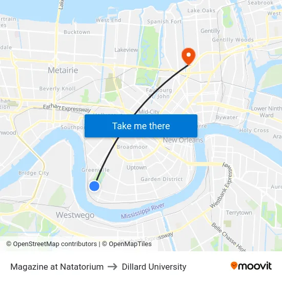 Magazine at Natatorium to Dillard University map