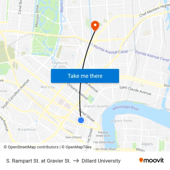S. Rampart St. at Gravier St. to Dillard University map