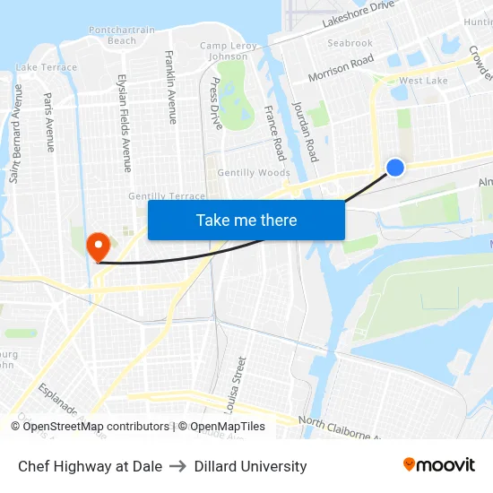 Chef Highway at Dale to Dillard University map