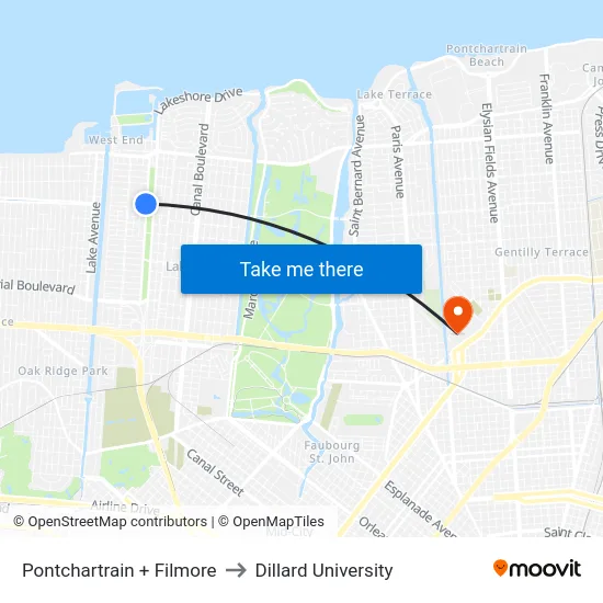 Pontchartrain + Filmore to Dillard University map