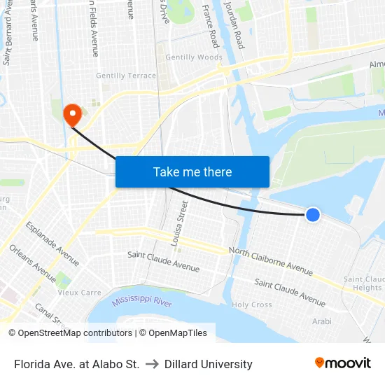 Florida Ave. at Alabo St. to Dillard University map