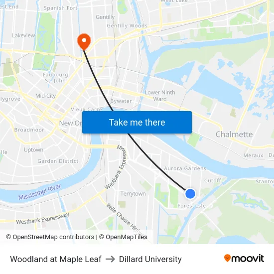 Woodland at Maple Leaf to Dillard University map