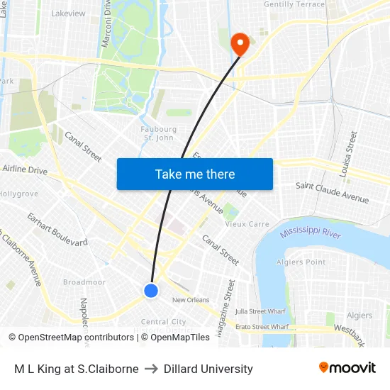 M L King at S.Claiborne to Dillard University map