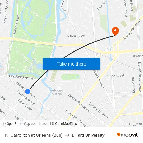 N. Carrollton at Orleans (Bus) to Dillard University map