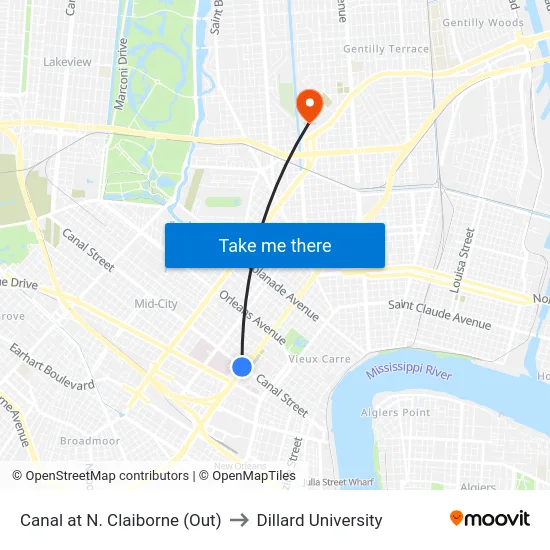 Canal at N. Claiborne (Out) to Dillard University map