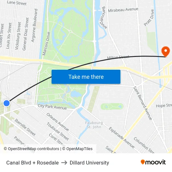 Canal Blvd + Rosedale to Dillard University map