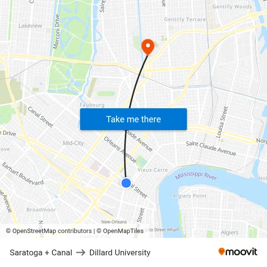 Saratoga + Canal to Dillard University map