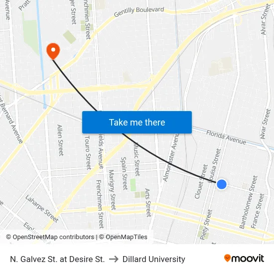 N. Galvez St. at Desire St. to Dillard University map