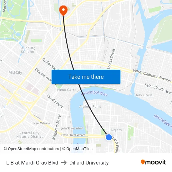 L B at Mardi Gras Blvd to Dillard University map