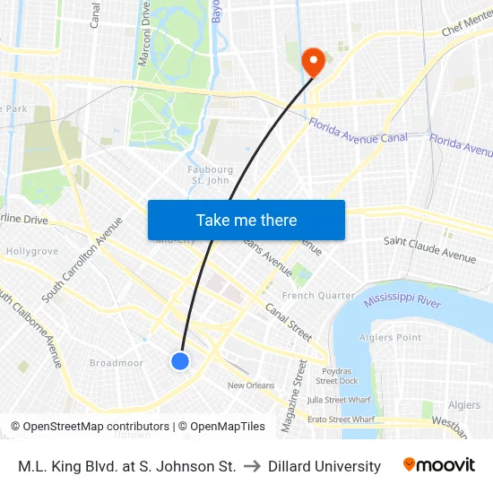 M.L. King Blvd. at S. Johnson St. to Dillard University map