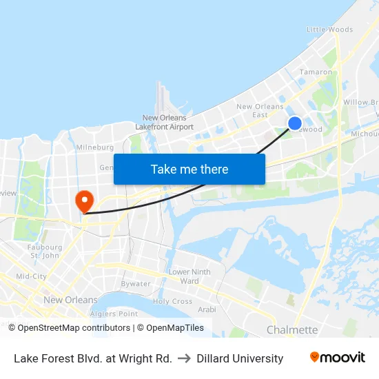 Lake Forest Blvd. at Wright Rd. to Dillard University map