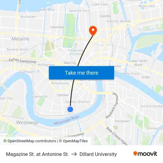 Magazine St. at Antonine St. to Dillard University map