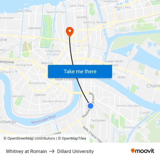 Whitney at Romain to Dillard University map