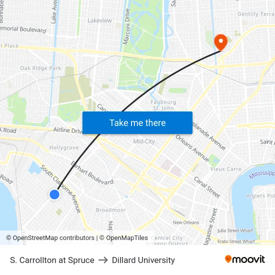 S. Carrollton at Spruce to Dillard University map