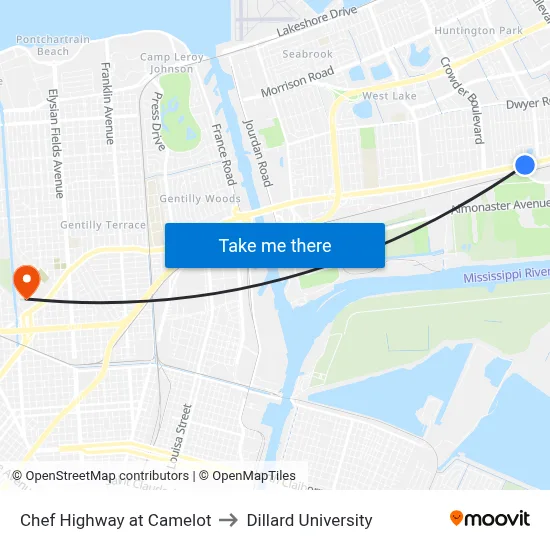 Chef Highway at Camelot to Dillard University map