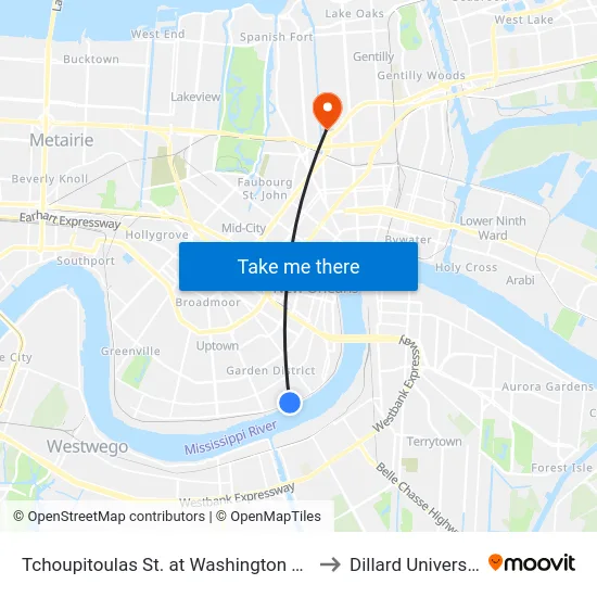 Tchoupitoulas St. at Washington Ave. to Dillard University map