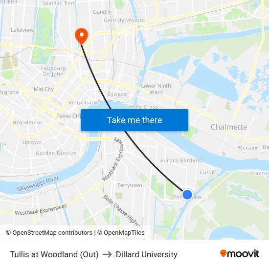 Tullis at Woodland (Out) to Dillard University map