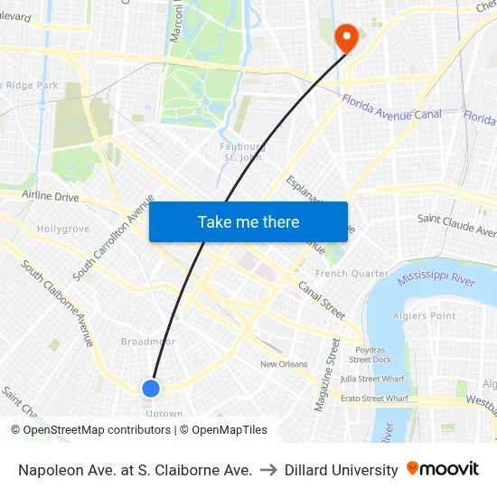 Napoleon Ave. at S. Claiborne Ave. to Dillard University map