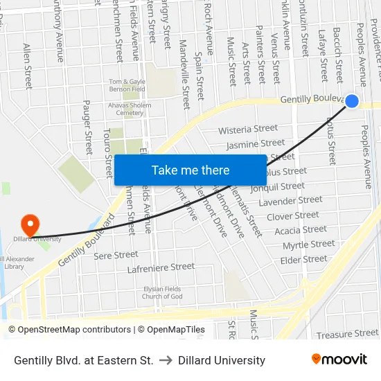 Gentilly Blvd. at Eastern St. to Dillard University map