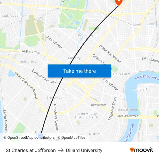 St Charles at Jefferson to Dillard University map