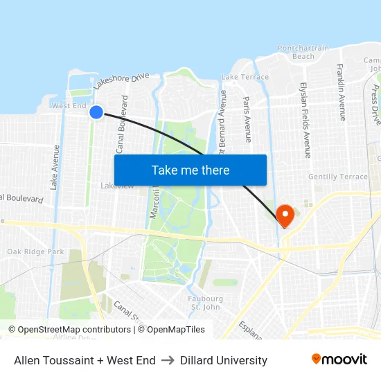 Allen Toussaint + West End to Dillard University map