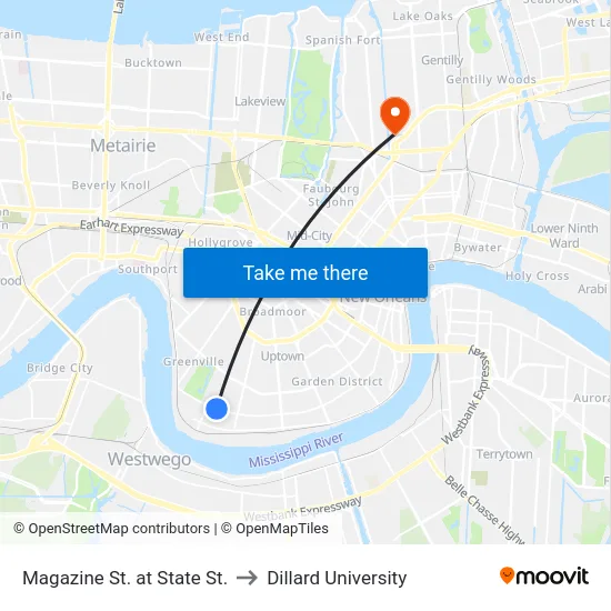Magazine St. at State St. to Dillard University map