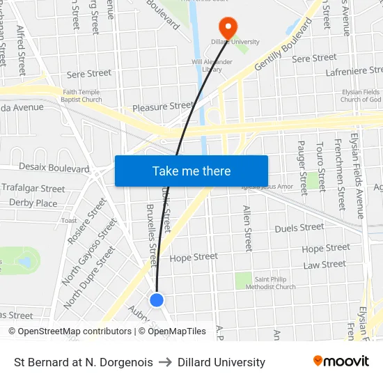 St Bernard at N. Dorgenois to Dillard University map