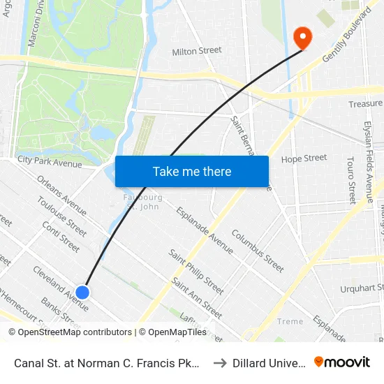 Canal St. at Norman C. Francis Pkwy. (Out) to Dillard University map