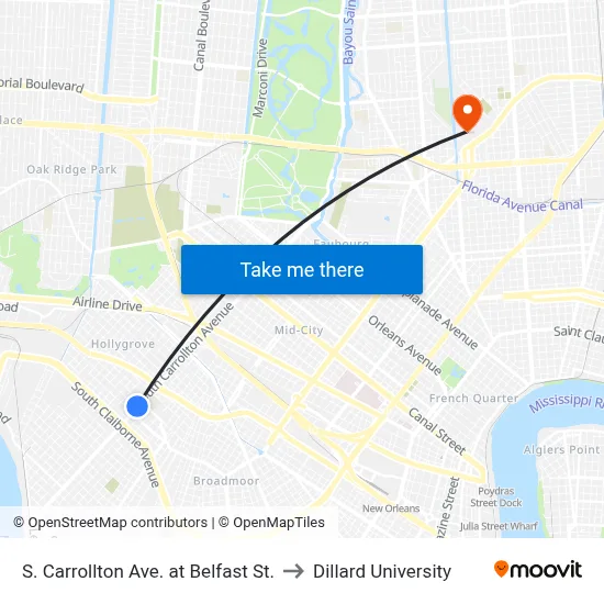 S. Carrollton Ave. at Belfast St. to Dillard University map
