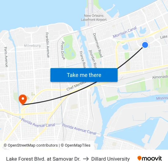 Lake Forest Blvd. at Samovar Dr. to Dillard University map
