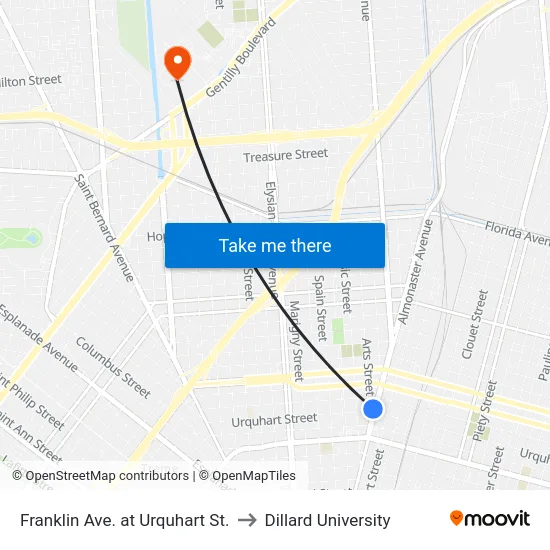 Franklin Ave. at Urquhart St. to Dillard University map