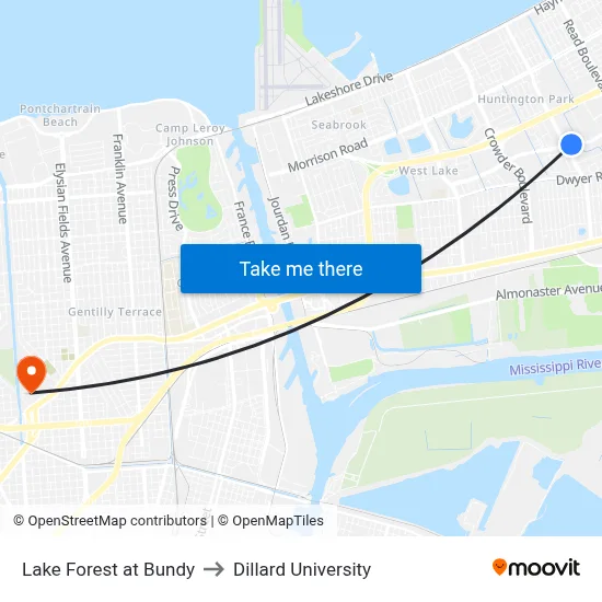 Lake Forest at Bundy to Dillard University map